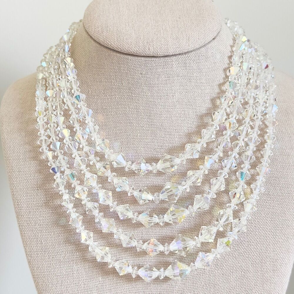 Vintage Clear Aurora Borealis AB Crystal Graduated 5 Row Multi Strand Necklace